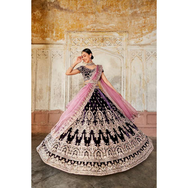 SWATHI VELDANDI Dark Purple and Pink Lehenga Choli with Dupatta and Belt (Set of 4)