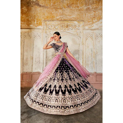 SWATHI VELDANDI Dark Purple and Pink Lehenga Choli with Dupatta and Belt (Set of 4)