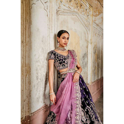SWATHI VELDANDI Dark Purple and Pink Lehenga Choli with Dupatta and Belt (Set of 4)