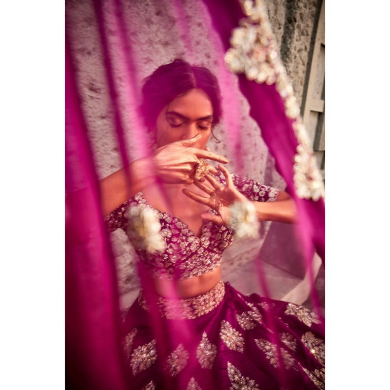 SWATHI VELDANDI Purple Lehanga Choli and Dupatta with Belt (Set of 4)