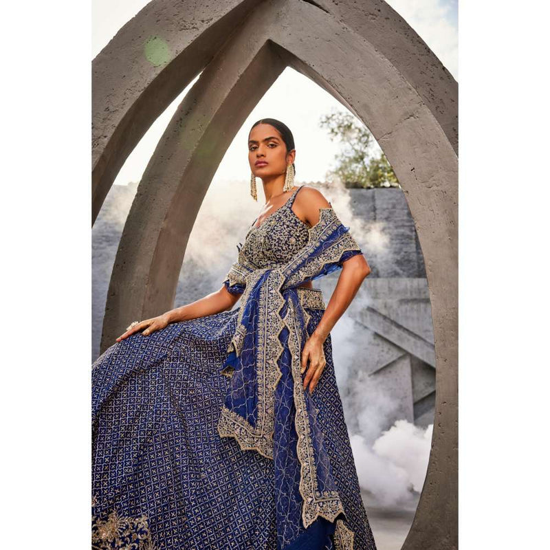 SWATHI VELDANDI Blue Lehenga Choli and Dupatta (Set of 3)