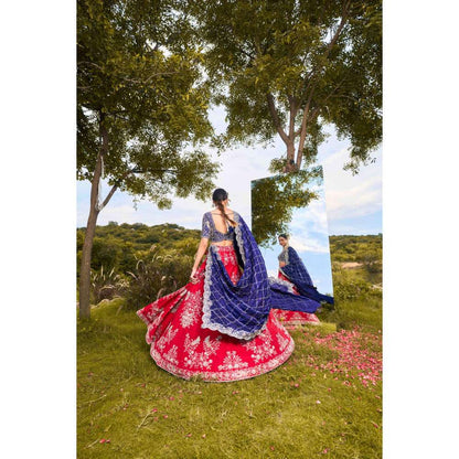 SWATHI VELDANDI Red and Blue Birds Lehenga Choli and Dupatta (Set of 3)