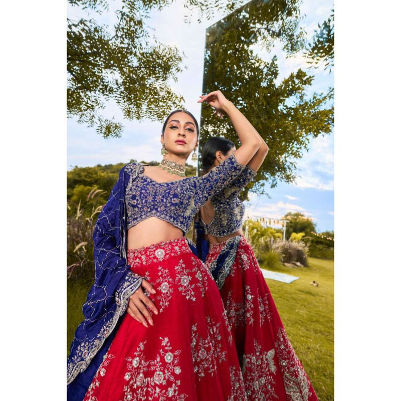 SWATHI VELDANDI Red and Blue Birds Lehenga Choli and Dupatta (Set of 3)