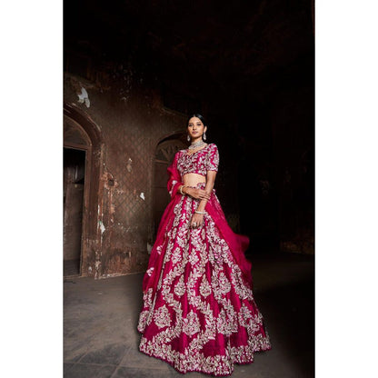 SWATHI VELDANDI Bright Red Lehenga Choli and Dupatta (Set of 3)