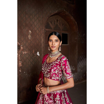 SWATHI VELDANDI Bright Red Lehenga Choli and Dupatta (Set of 3)