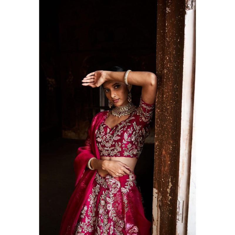 SWATHI VELDANDI Bright Red Lehenga Choli and Dupatta (Set of 3)