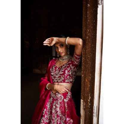 SWATHI VELDANDI Bright Red Lehenga Choli and Dupatta (Set of 3)