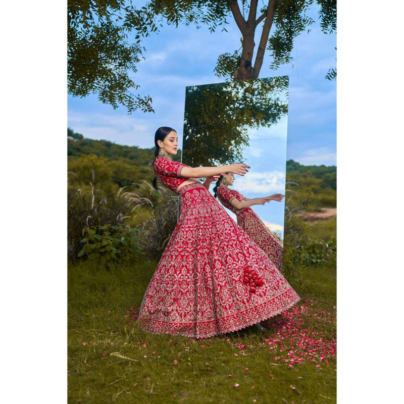 SWATHI VELDANDI Red Bridal Heavy Lehenga Choli and Dupatta (Set of 3)