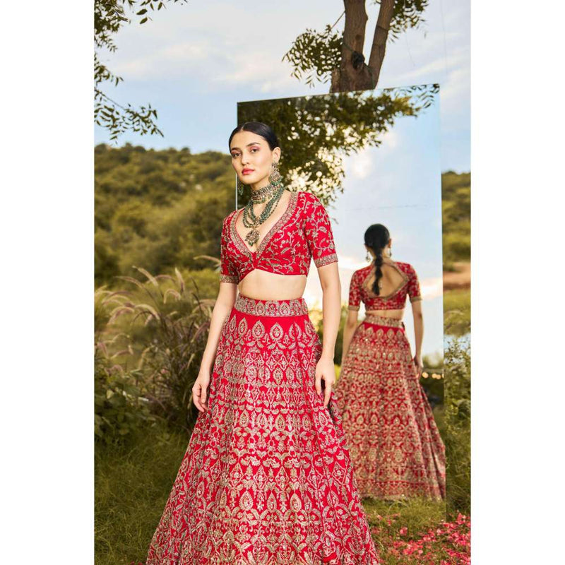 SWATHI VELDANDI Red Bridal Heavy Lehenga Choli and Dupatta (Set of 3)