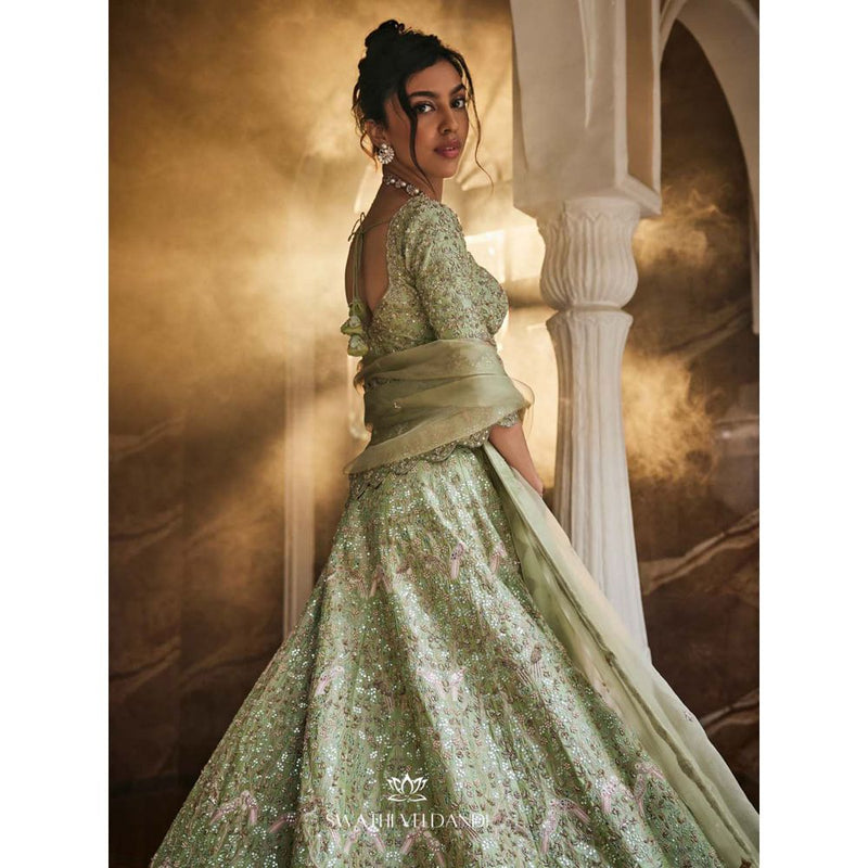 SWATHI VELDANDI Chinoise Green Lehenga with Blouse and Dupatta (Set of 3)