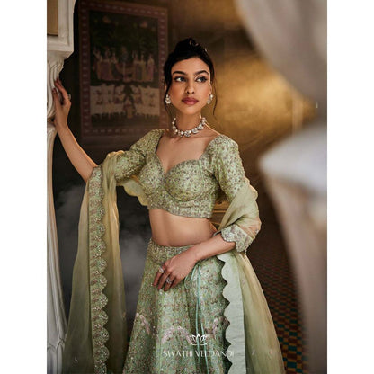 SWATHI VELDANDI Chinoise Green Lehenga with Blouse and Dupatta (Set of 3)