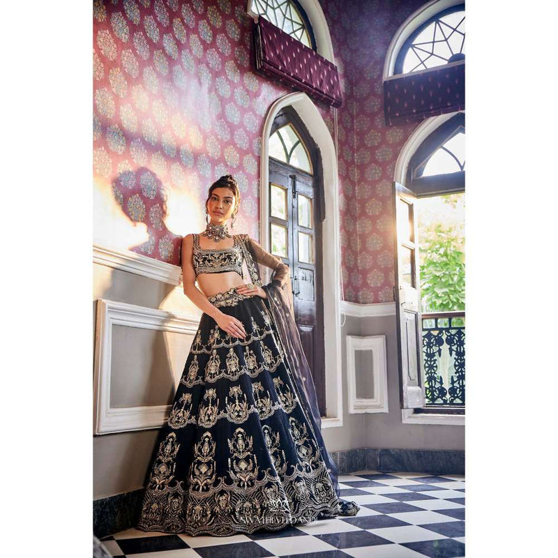 SWATHI VELDANDI Mid Night Black Lehenga with Blouse and Dupatta (Set of 3)