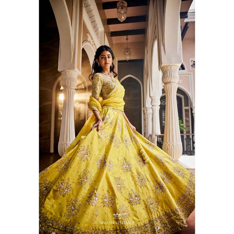 SWATHI VELDANDI Lemon Yellow Lehenga with Blouse and Dupatta (Set of 3)