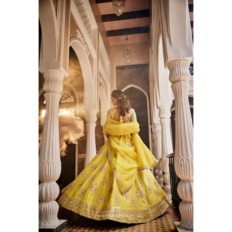 SWATHI VELDANDI Lemon Yellow Lehenga with Blouse and Dupatta (Set of 3)