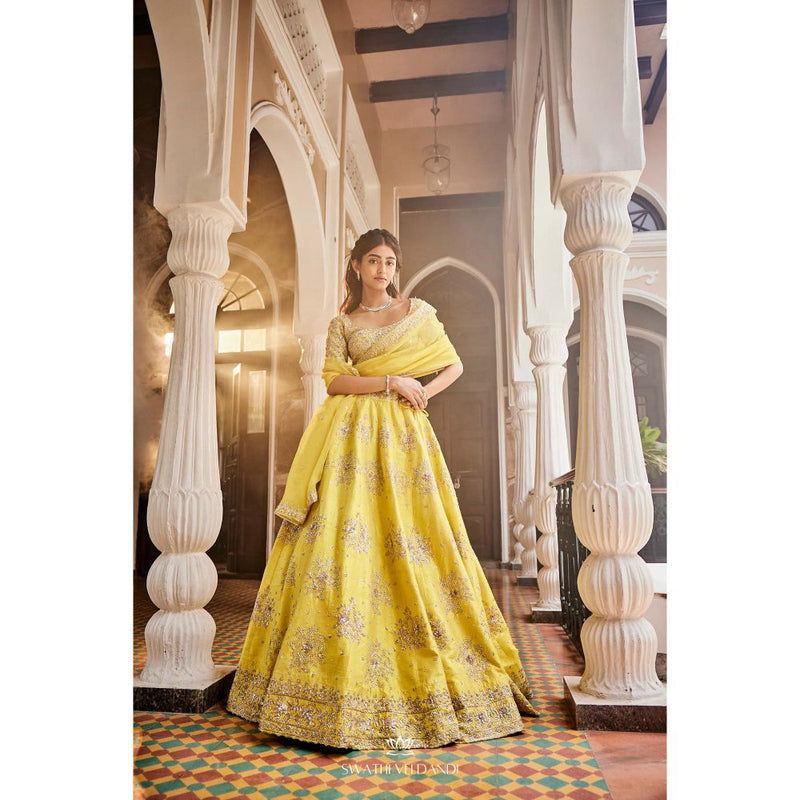 SWATHI VELDANDI Lemon Yellow Lehenga with Blouse and Dupatta (Set of 3)