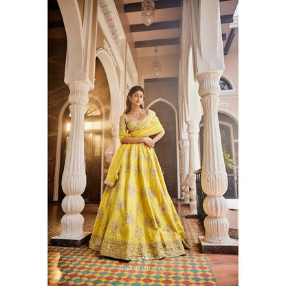 SWATHI VELDANDI Lemon Yellow Lehenga with Blouse and Dupatta (Set of 3)