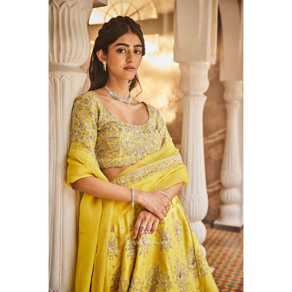 SWATHI VELDANDI Lemon Yellow Lehenga with Blouse and Dupatta (Set of 3)