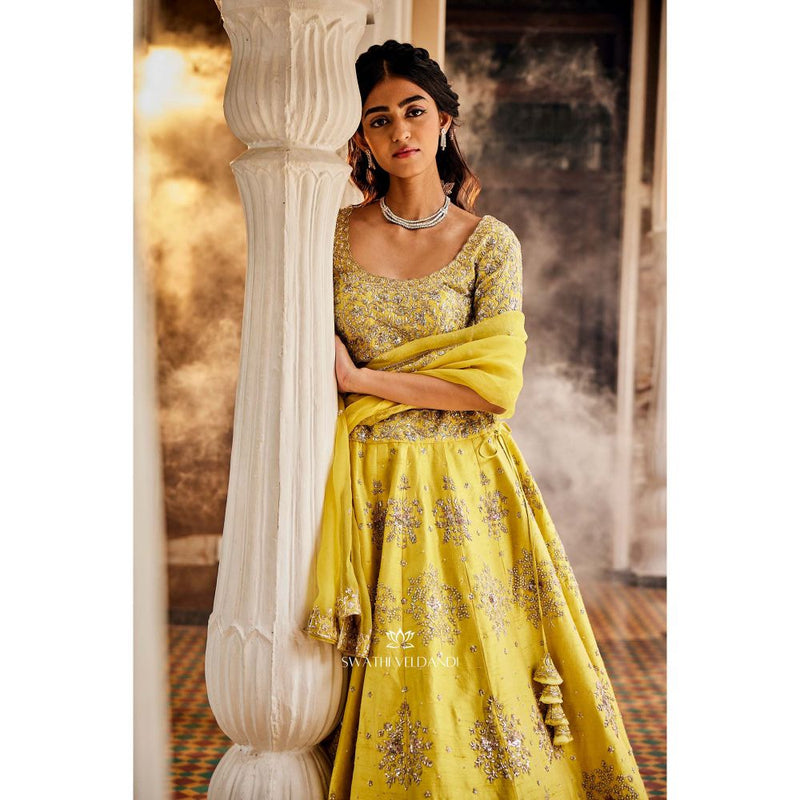 SWATHI VELDANDI Lemon Yellow Lehenga with Blouse and Dupatta (Set of 3)