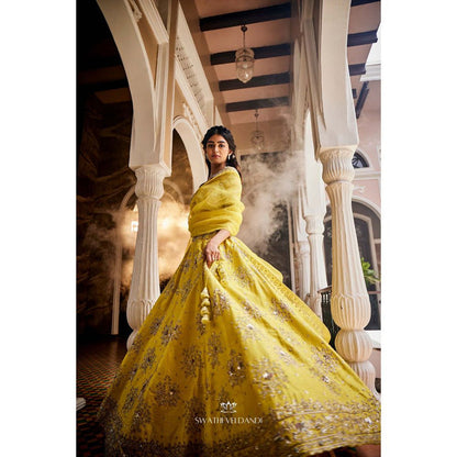SWATHI VELDANDI Lemon Yellow Lehenga with Blouse and Dupatta (Set of 3)