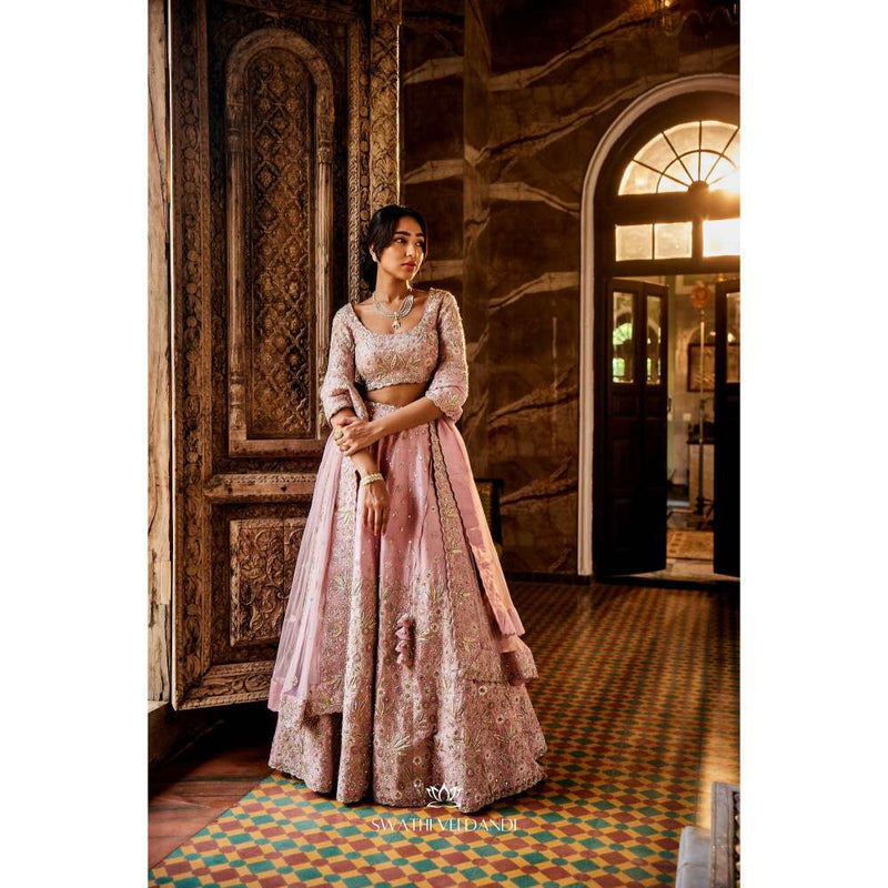 SWATHI VELDANDI Onion Pink Lehenga with Blouse and Dupatta (Set of 3)
