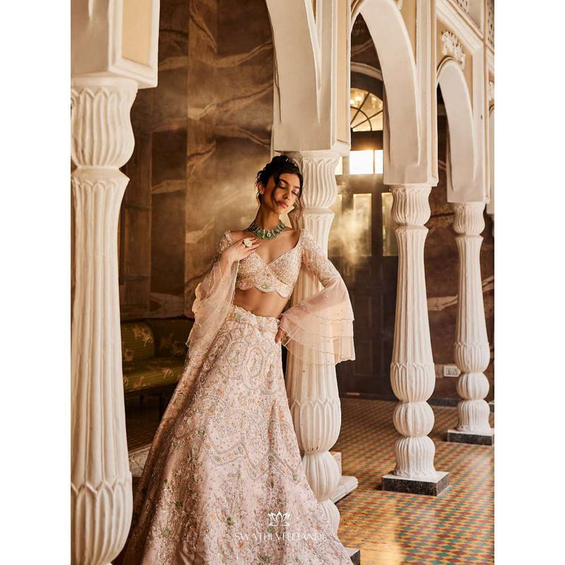 SWATHI VELDANDI Nude Pink Lehenga with Blouse and Dupatta (Set of 3)