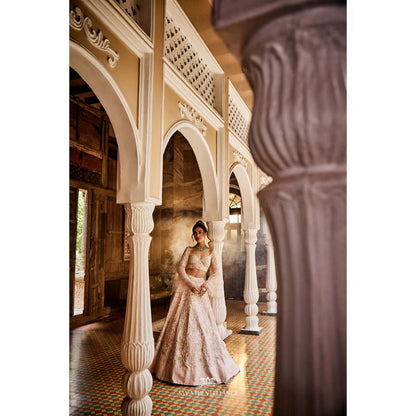 SWATHI VELDANDI Nude Pink Lehenga with Blouse and Dupatta (Set of 3)