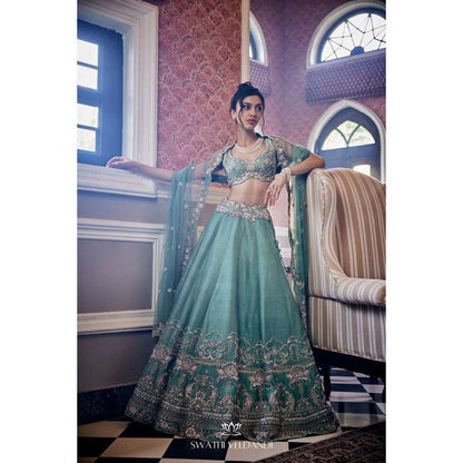 SWATHI VELDANDI Pistachio Green Lehenga with Blouse and Dupatta (Set of 3)