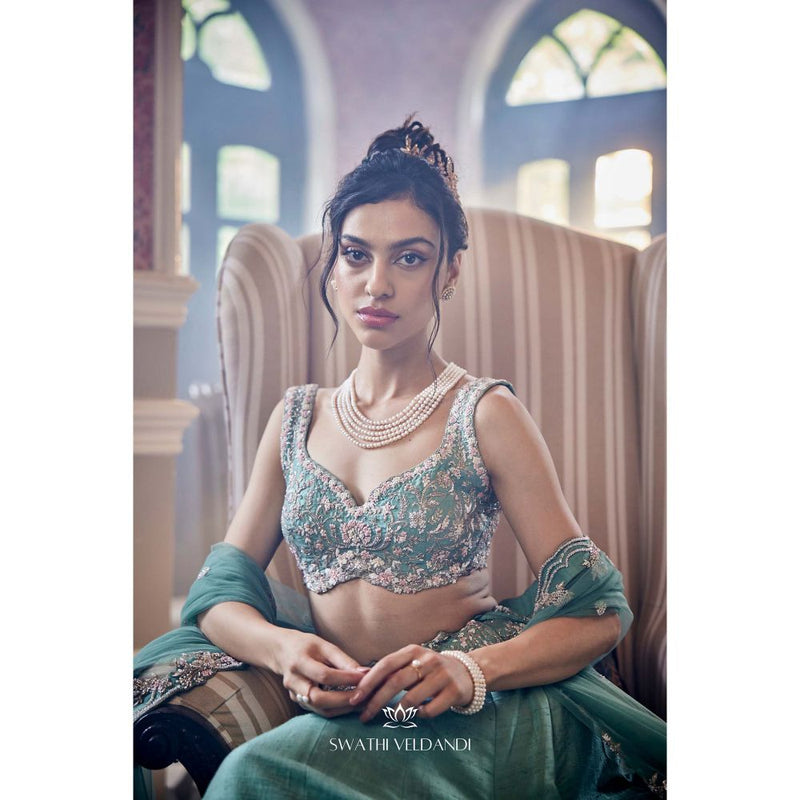 SWATHI VELDANDI Pistachio Green Lehenga with Blouse and Dupatta (Set of 3)