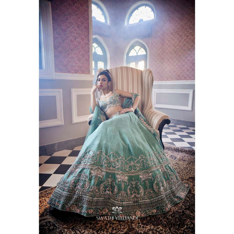SWATHI VELDANDI Pistachio Green Lehenga with Blouse and Dupatta (Set of 3)