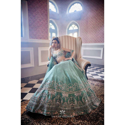 SWATHI VELDANDI Pistachio Green Lehenga with Blouse and Dupatta (Set of 3)
