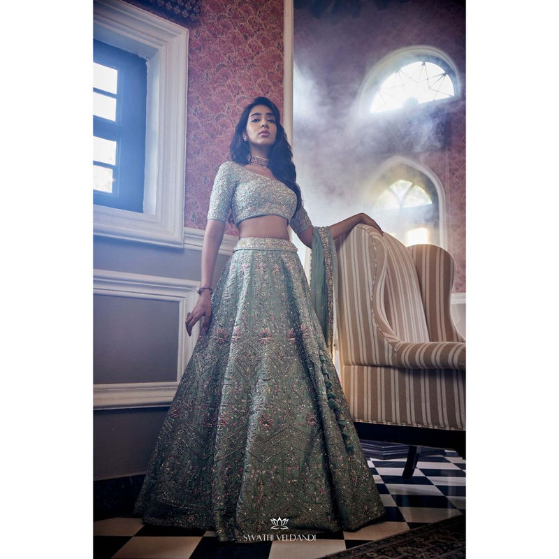 SWATHI VELDANDI Mint Green Lehenga with Blouse and Dupatta (Set of 3)