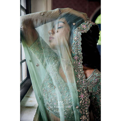 SWATHI VELDANDI Mint Green Lehenga with Blouse and Dupatta (Set of 3)