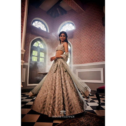 SWATHI VELDANDI Sage Green Lehenga with Blouse and Dupatta (Set of 3)