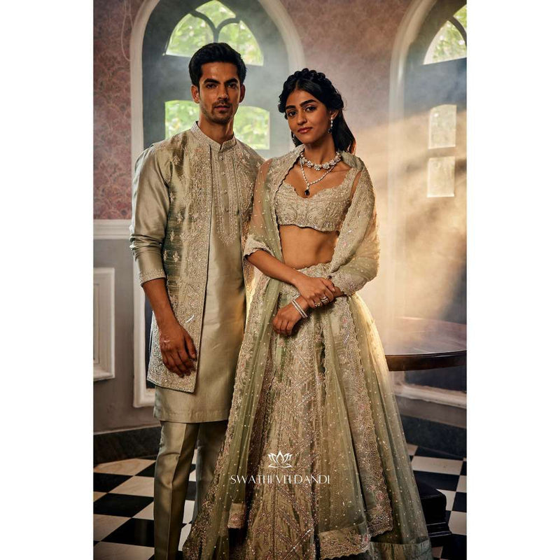 SWATHI VELDANDI Sage Green Lehenga with Blouse and Dupatta (Set of 3)