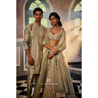 SWATHI VELDANDI Sage Green Lehenga with Blouse and Dupatta (Set of 3)