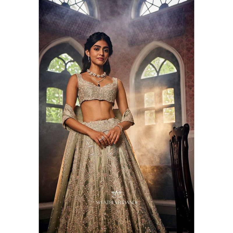 SWATHI VELDANDI Sage Green Lehenga with Blouse and Dupatta (Set of 3)