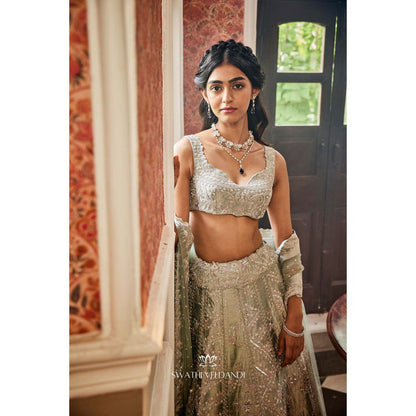 SWATHI VELDANDI Sage Green Lehenga with Blouse and Dupatta (Set of 3)