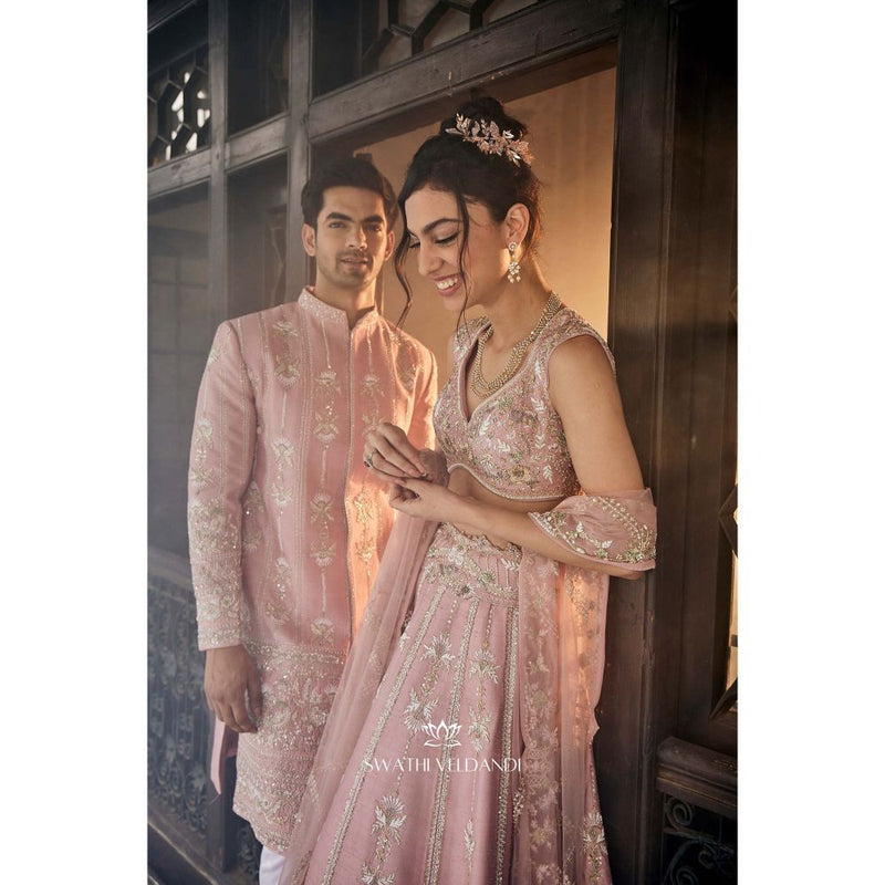 SWATHI VELDANDI Lemonade Pink Lehenga with Blouse and Dupatta (Set of 3)