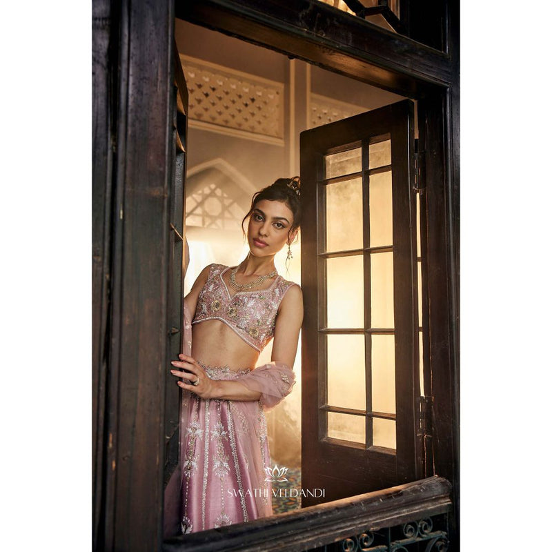 SWATHI VELDANDI Lemonade Pink Lehenga with Blouse and Dupatta (Set of 3)