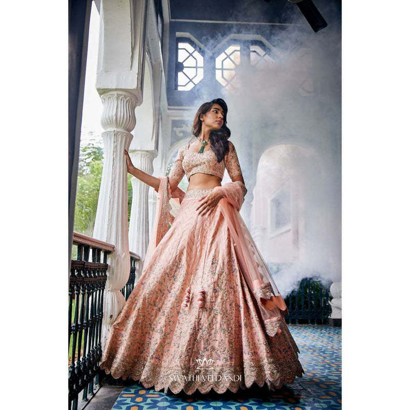SWATHI VELDANDI Peach Lehenga with Blouse and Dupatta (Set of 3)