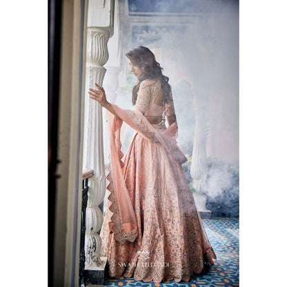 SWATHI VELDANDI Peach Lehenga with Blouse and Dupatta (Set of 3)