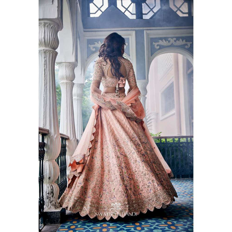 SWATHI VELDANDI Peach Lehenga with Blouse and Dupatta (Set of 3)