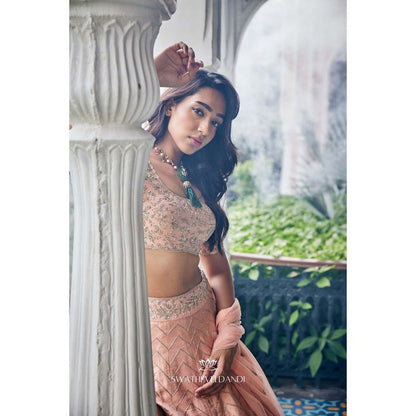 SWATHI VELDANDI Peach Lehenga with Blouse and Dupatta (Set of 3)