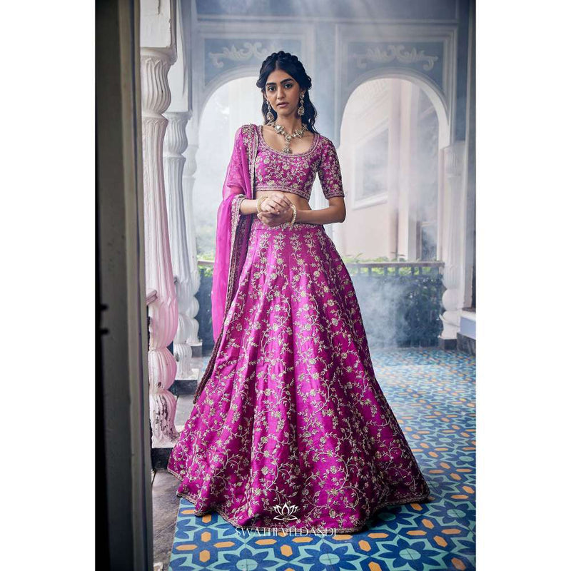 SWATHI VELDANDI Magenta Lehenga with Blouse and Dupatta (Set of 3)
