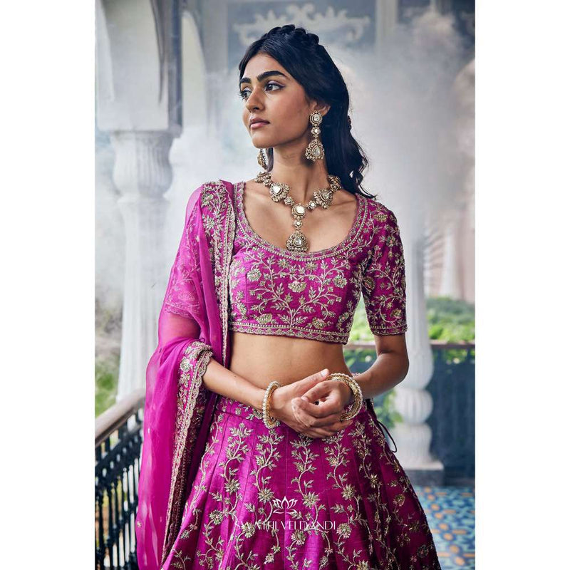 SWATHI VELDANDI Magenta Lehenga with Blouse and Dupatta (Set of 3)