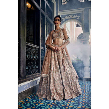 SWATHI VELDANDI Gold Tissue Lehenga with Blouse and Dupatta (Set of 3)