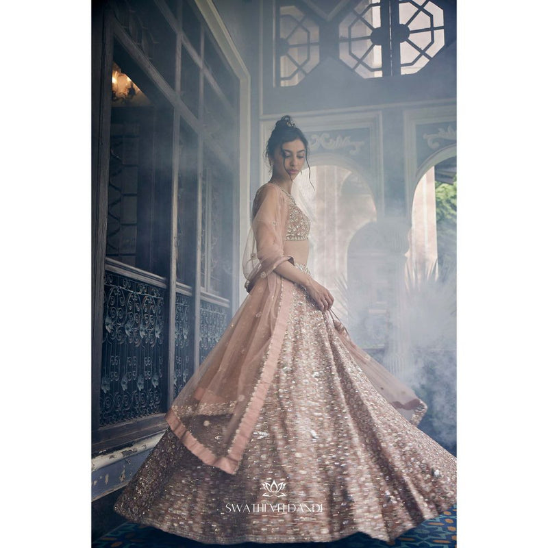 SWATHI VELDANDI Gold Tissue Lehenga with Blouse and Dupatta (Set of 3)