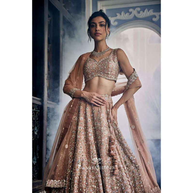 SWATHI VELDANDI Gold Tissue Lehenga with Blouse and Dupatta (Set of 3)