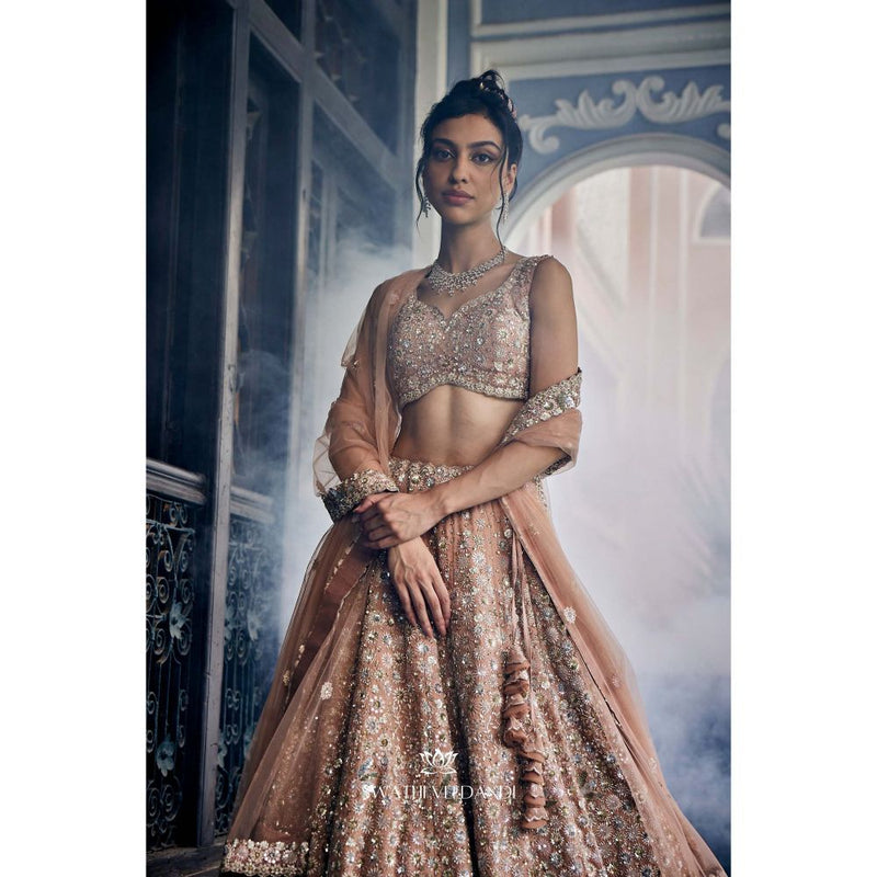 SWATHI VELDANDI Gold Tissue Lehenga with Blouse and Dupatta (Set of 3)