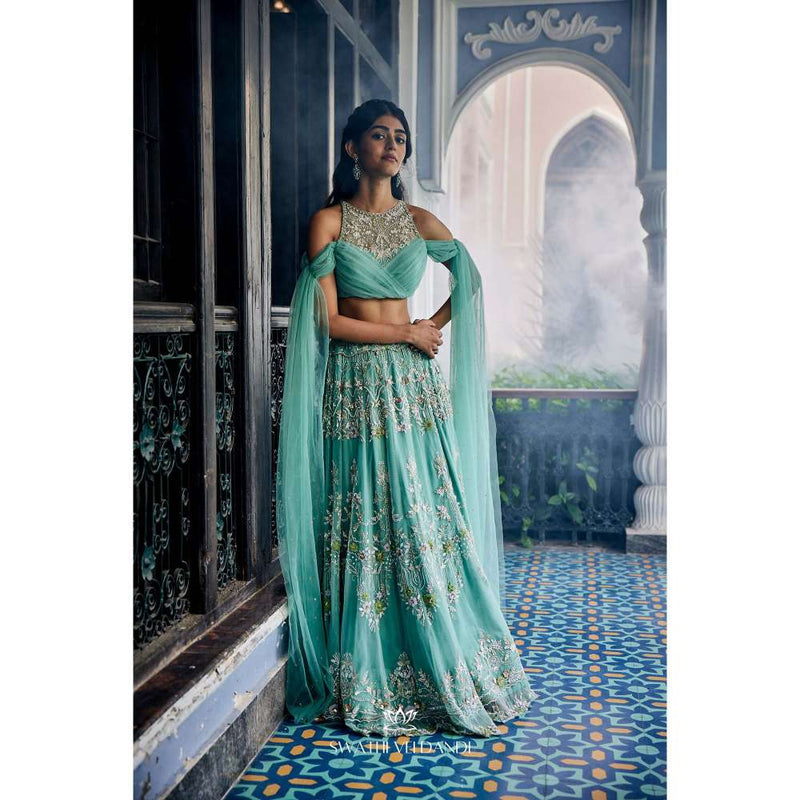 SWATHI VELDANDI Turquoise Lehenga with Blouse (Set of 2)